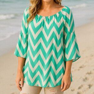 Aqua Cream Chevron Print Tunic/Beach Dress 3/4 Flowy Bell Sleeves - One Size